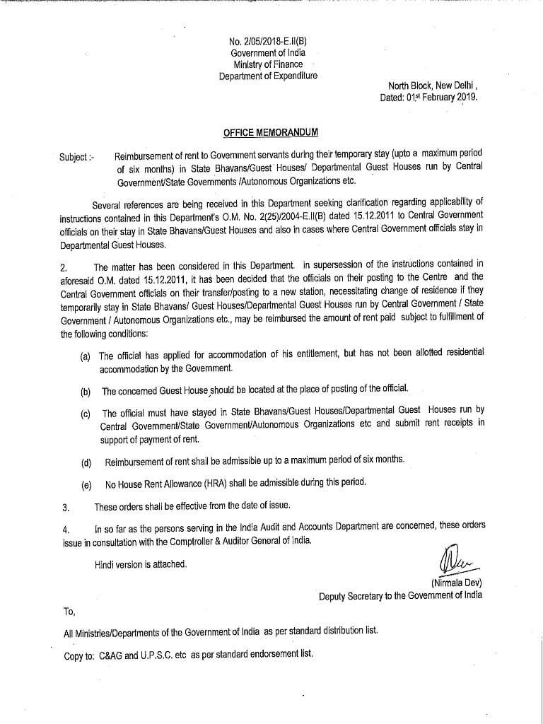 Reimbursement of rent to Government servants during their temporary stay in State Bhavans/Guest Houses /Departmental Guest Houses on transfer etc.