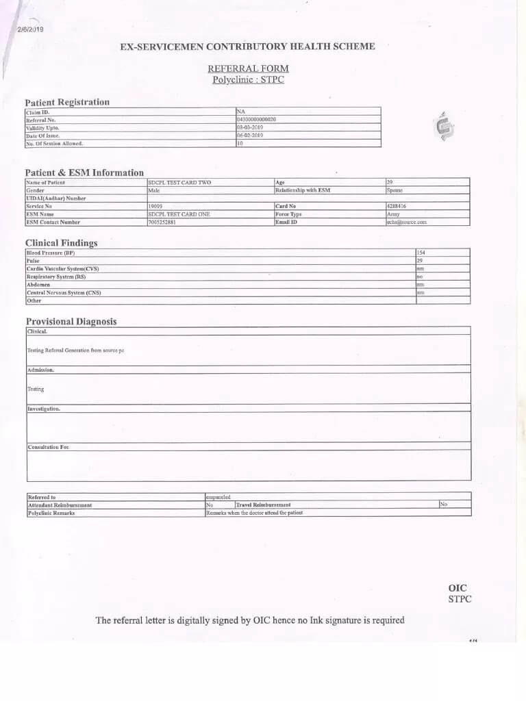 ECHS : Referral procedure to empanelled hospitals for 64 KB cards holders and Format of Referral Form