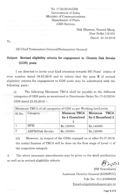 GDS – Revised eligibility criteria for engagement and Initial fixation of TRCA