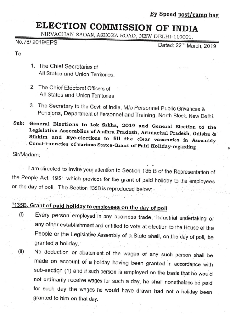 Grant of paid holiday to the employees on the day of poll under Section 135 B of the Representation of the People Act, 1951