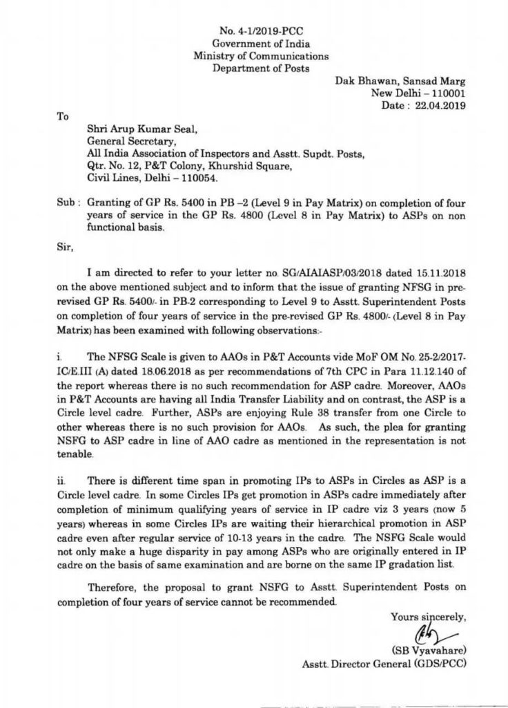 GP 5400 Level 9 to Asst. Superintendent Posts (ASPs) on completion of four years of service in GP 4800 Level 8 – Dept. of Posts Clarification