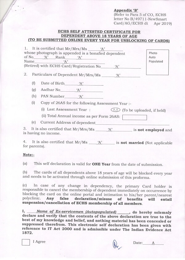 ECHS Smart Card: Self attested certificate form for dependent above 18 years – to be submitted every year