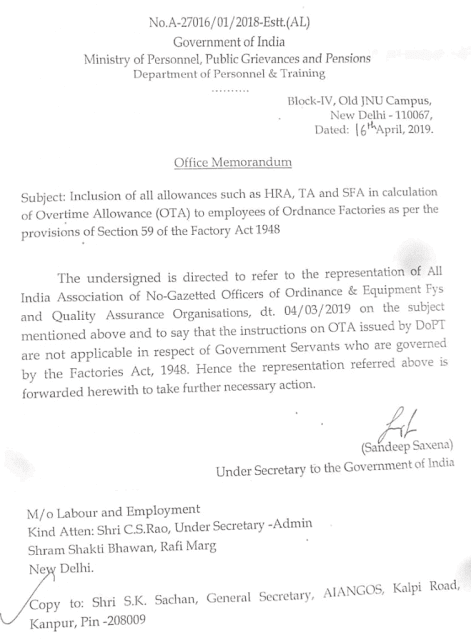 Inclusion of HRA, TA and SFA in Calculation of Overtime Allowance to employees of Ordnance Factories