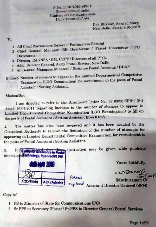 Number of chances to appear in the LDCE (LGO Exam) for Postal Assistant/Sorting Assistant