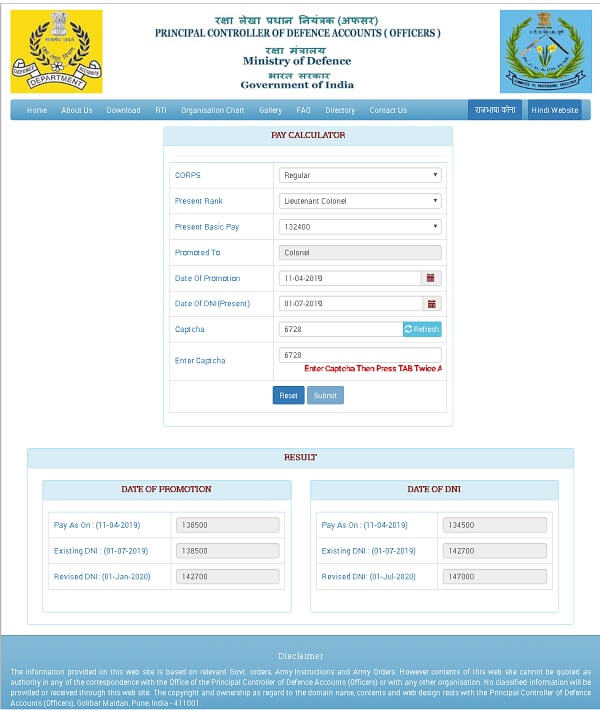 Link for Official Pay Calculator for excercising option on Promotion by Army Officers