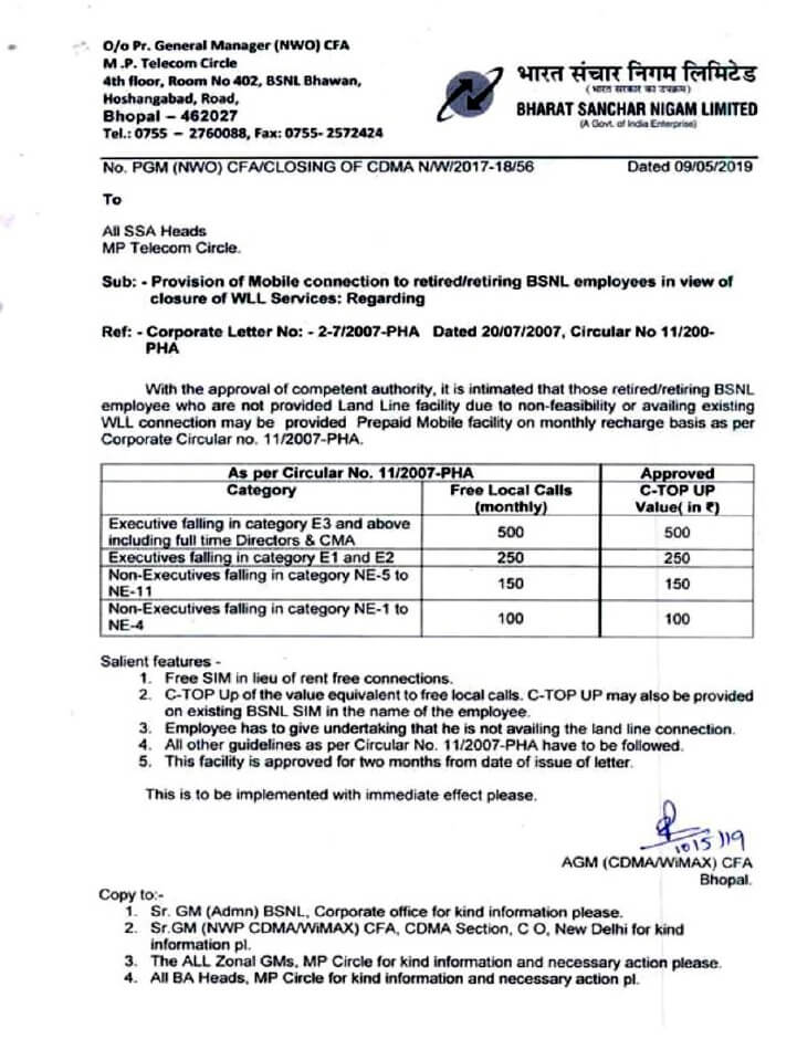 Provision of Mobile connection to retired/retiring BSNL employees in view of closure of WLL Services