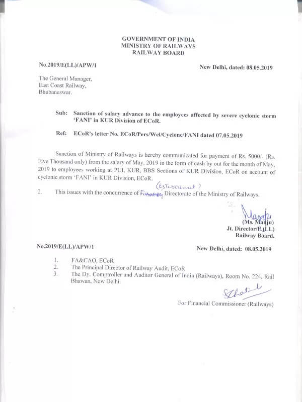 Salary Advance to the employees affected by Severe Cyclonic storm โFANIโ in KUR Division of ECoR Salary Advance to the employees affected by Severe Cyclonic storm โFANIโ in KUR Division of ECoR