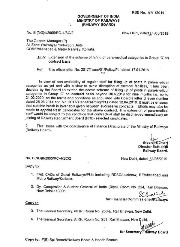 Extension of the scheme of hiring of para-medical categories in Group ‘C’ on contract basis: Railway Board Order