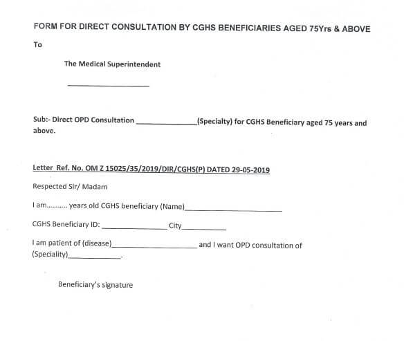 Application Form for Consultation from Specialists at CGHS empanelled hospitals by beneficiaries aged 75 years and above