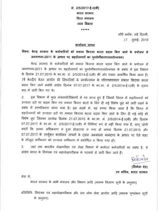 7th Pay Commission House Rent Allowance Clarification: Any special dispensation allowed in past shall continue to apply