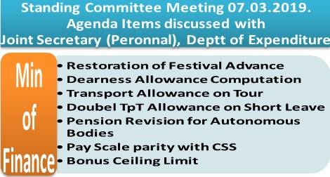 DoE: Festival Advance, Dearness Allowance, Transport Allowance, Pension Revision for Autonomous Bodies, Pay Scale parity with CSS, Bonus Ceiling etc.: Standing Committee Meeting