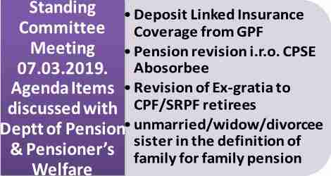 Revision of DLIS, CPSE Absorbee Pension Revision, Ex-gratia to CPF/SRPF Retirees, unmarried/ widow/ divorcee sister for family pension etc: Standing Committee Meeting Discussion