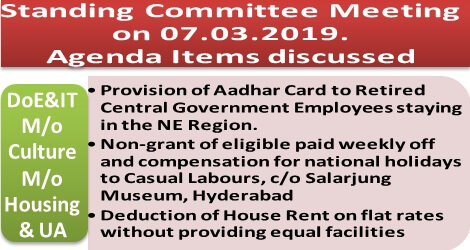 Adhar Card to Retired NE Region Employees, Non-grant of paid weekly off to Casual Labours, Deduction of HRA without providing equal facilities etc: Discussion in Standing Committee Meeting