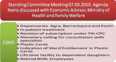 CGHS: Dispensaries, In-patient treatment, Subscription revision, Ward entitlement, Life time facility to dependent daughter, retired BSNL employees etc: Standing Committee meeting discussion