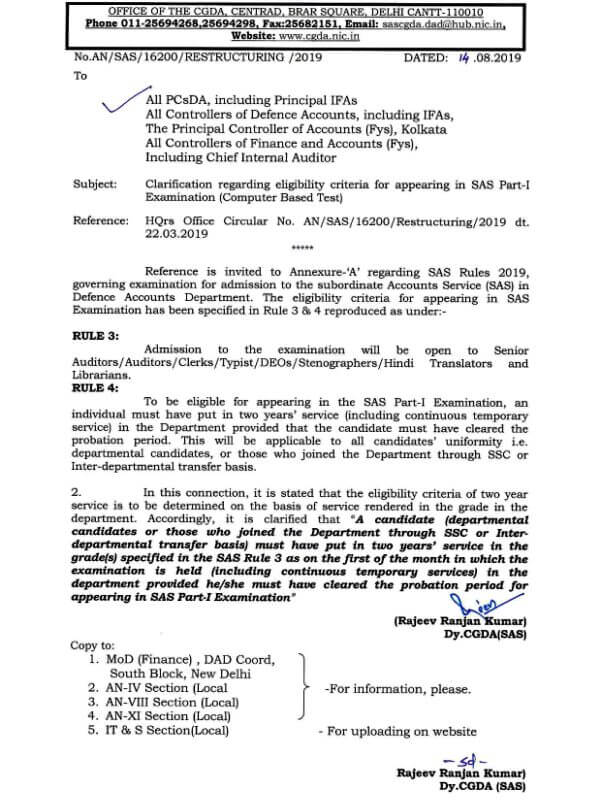 CGDA: Clarification regarding eligibility criteria for appearing in SAS Part-I Examination in Defence Accounts Department