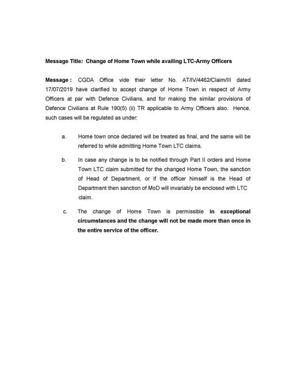 Change of Home Town while availing LTC i.r.o. Army Officers: PCDA Message Change of Home Town while availing LTC i.r.o. Army Officers: PCDA Message