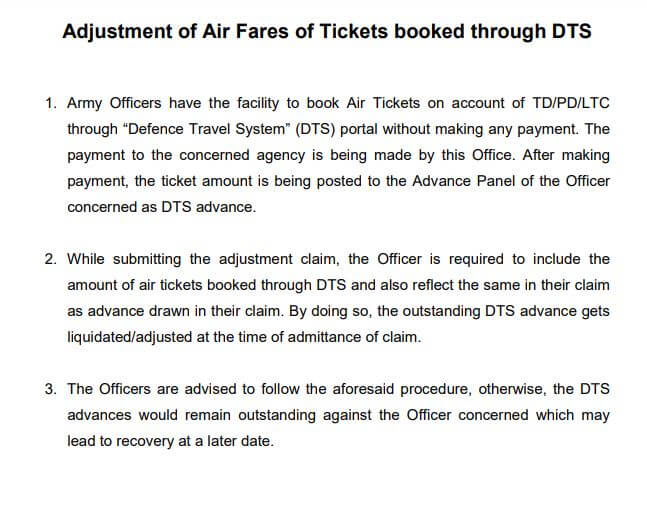 Adjustment of Air Fares of Tickets booked through Defence Travel System on account of TD/PD/LTC Adjustment of Air Fares of Tickets booked through Defence Travel System on account of TD/PD/LTC