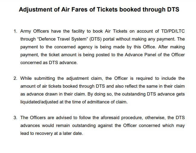 Adjustment of Air Fares of Tickets booked through Defence Travel System on account of TD/PD/LTC