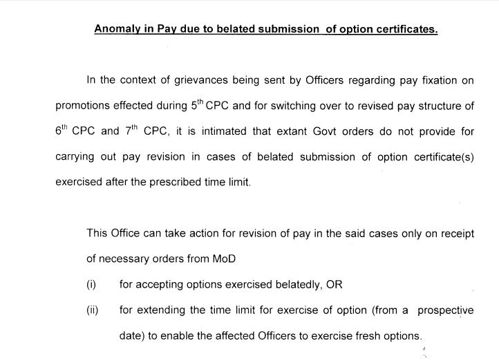 7th Pay Commission โ Anomaly in Pay due to belated submission of option certificate: PCDA(O) Pune 7th Pay Commission โ Anomaly in Pay due to belated submission of option certificate: PCDA(O) Pune