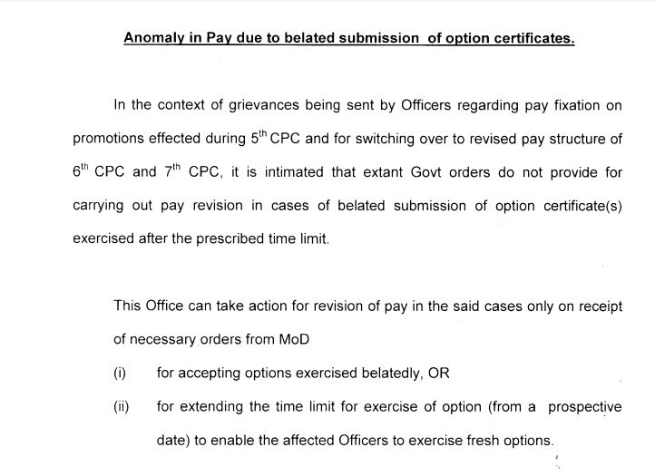 7th Pay Commission – Anomaly in Pay due to belated submission of option certificate: PCDA(O) Pune