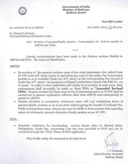 Railway Board Instructions: Revision of pension/family pension of Pre-2006 pensioners (5th CPC Scale of Rs.6500-10500)