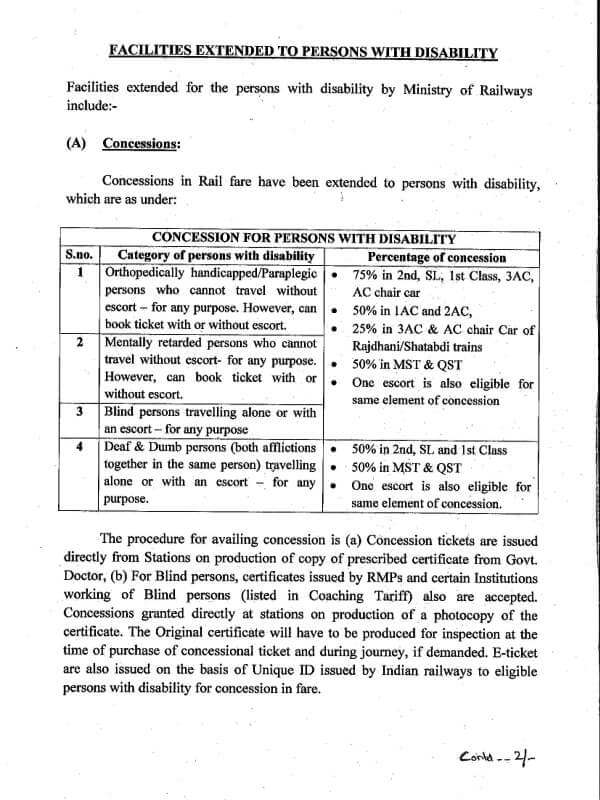 Indian Railways: Facilities extended for the persons with disability – Concessions, Reservation Quota & Other facilities