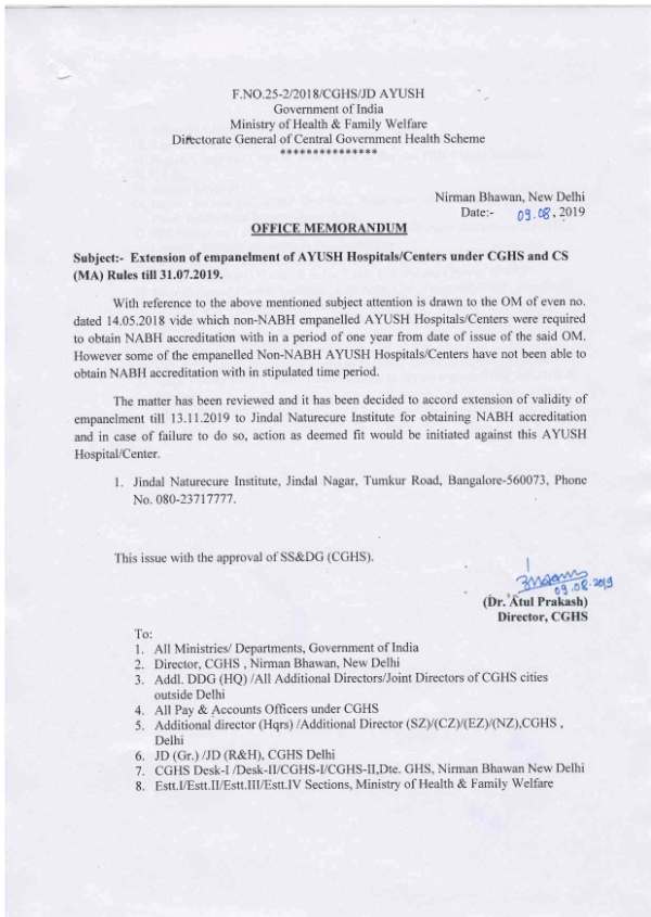 Jindal Naturecure Institute, Banglore: Extension of empanelment under CGHS & CS(MA) Rules upto 13.11.2019