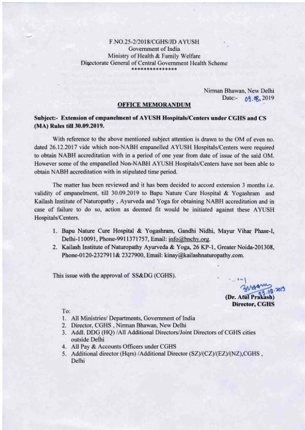 Bapu Nature Cure, Delhi and Kailash Institute of Naturopathy, Noida: Extension of empanelment under CGHS & CS(MA) Rules upto 30.09.2019