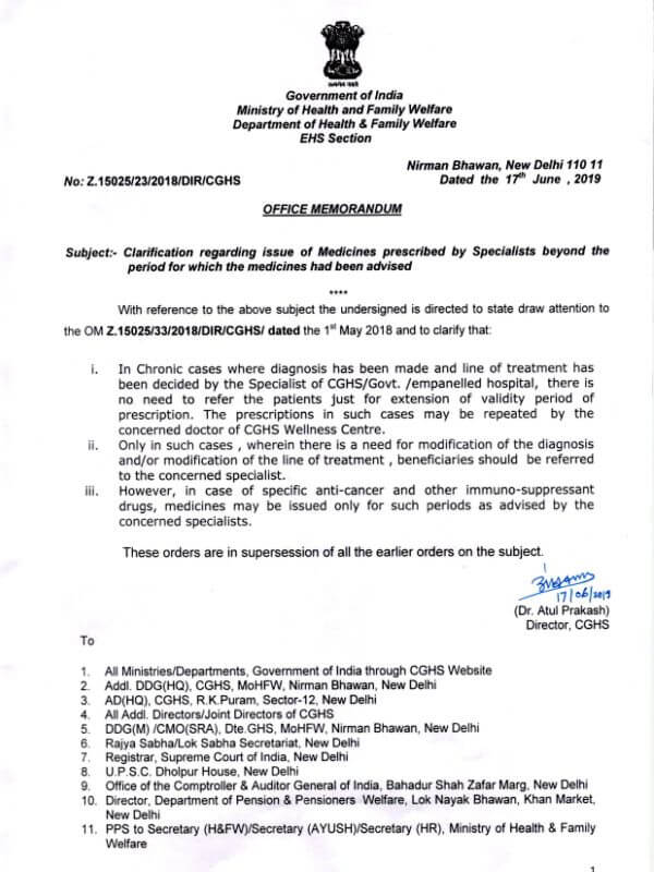 CGHS: Clarification regarding issue of Medicines prescribed by Specialists beyond the period