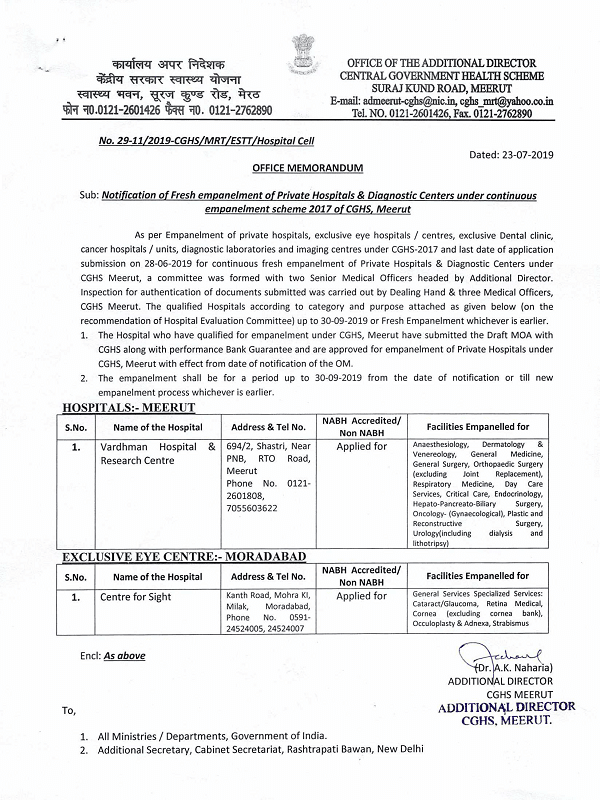 CGHS Meerut Fresh Empanelment: Vardhman Hospital, Meerut & Centre for Sight, Moradabad