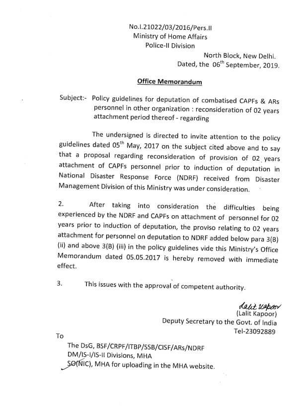 Deputation of combatised CAPFs & ARs personnel in other organization – Reconsideration of 02 years attachment period: MHA OM