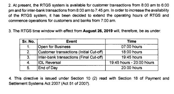 Real Time Gross Settlement (RTGS) – Increase in operating hours: Fin Min (CGA) OM