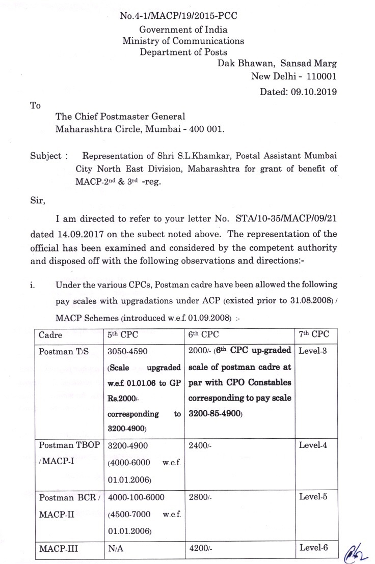 Clarification on Grant of 2nd & 3rd MACP to Postal Assistant/Postman