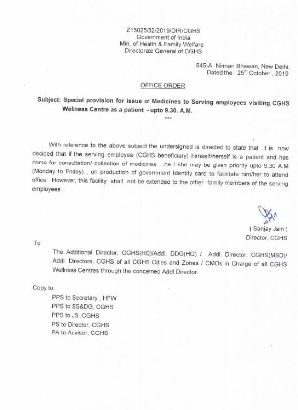Facilities for serving employees by CGHS: Special provision for issue of Medicines
