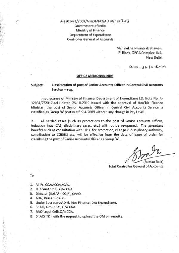 Classification of post of Senior Accounts Officer in Central Civil Accounts Service as Gp A w.e.f. 09.04.2009