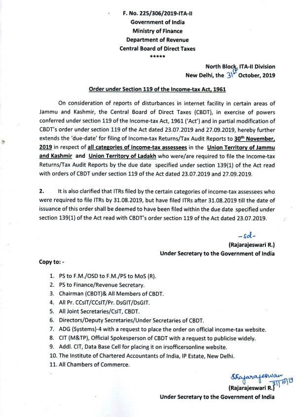 Extension of due date for filing of IT Return/Tax Audit Reports to 30th November, 2019 i.ro. UT of J&K & Ladakh