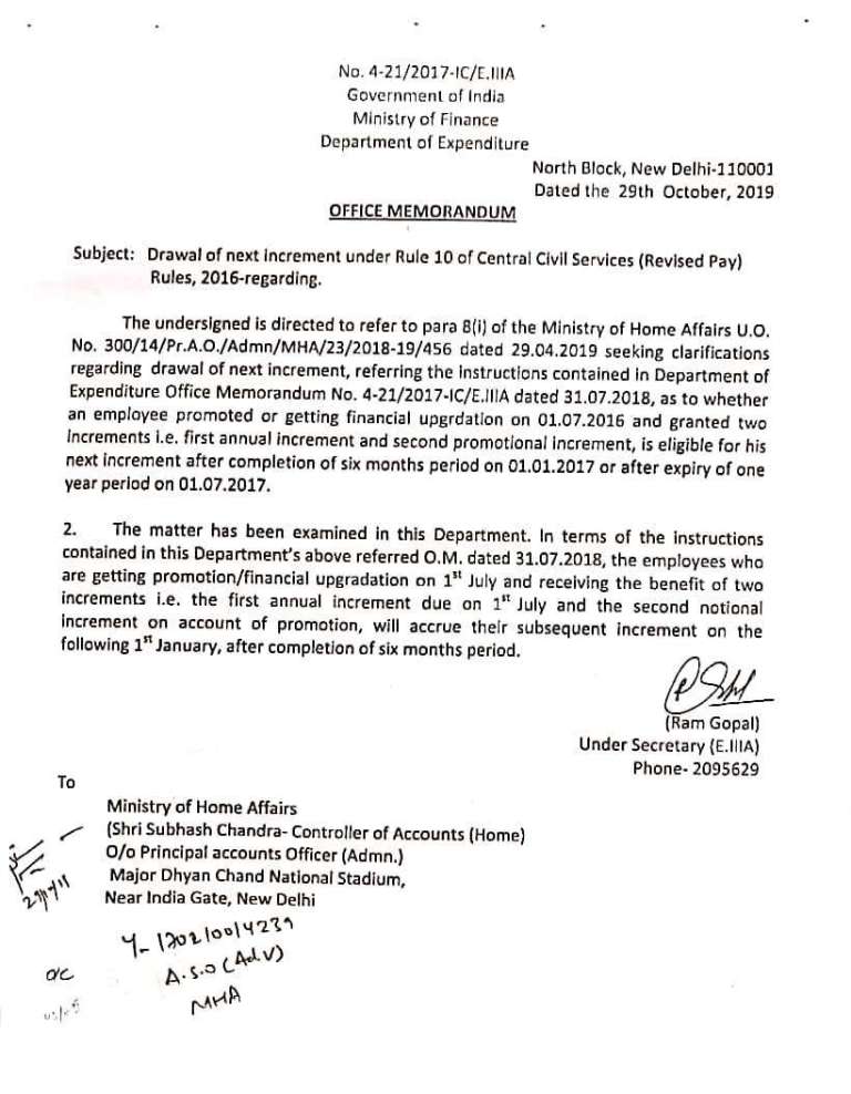 7th Pay Commission – DNI after promotion/financial upgradation: Clarification on Rule 10 of CCS RP Rules, 2016