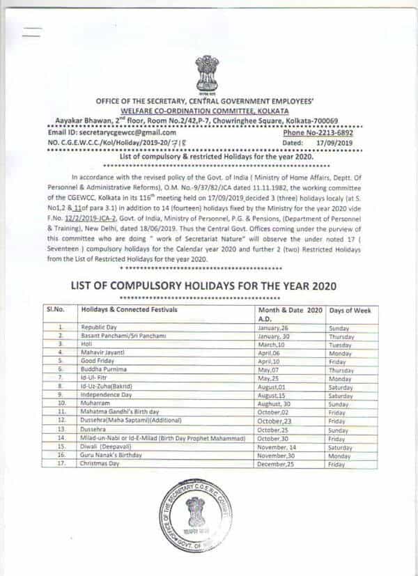 List of Compulsory & Restricted Holidays for the year 2020 for Kolkata offices: CGEWCC Kolkata