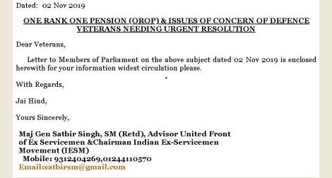 Latest: One Rank One Pension and issues of concern of Defence Veterans needing urgent resolution – IESM writes to MPs