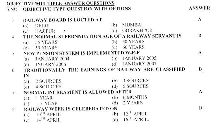Railway Board Order – Objective type questions in departmental examination for Accounts department, Sample Paper and Notes on abbreviation