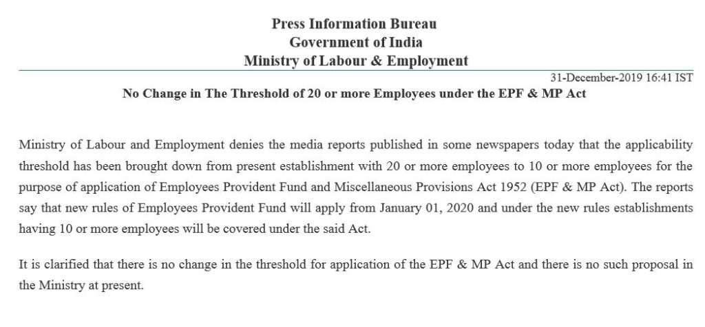 No Change in The Threshold of 20 or more Employees under the EPF & MP Act