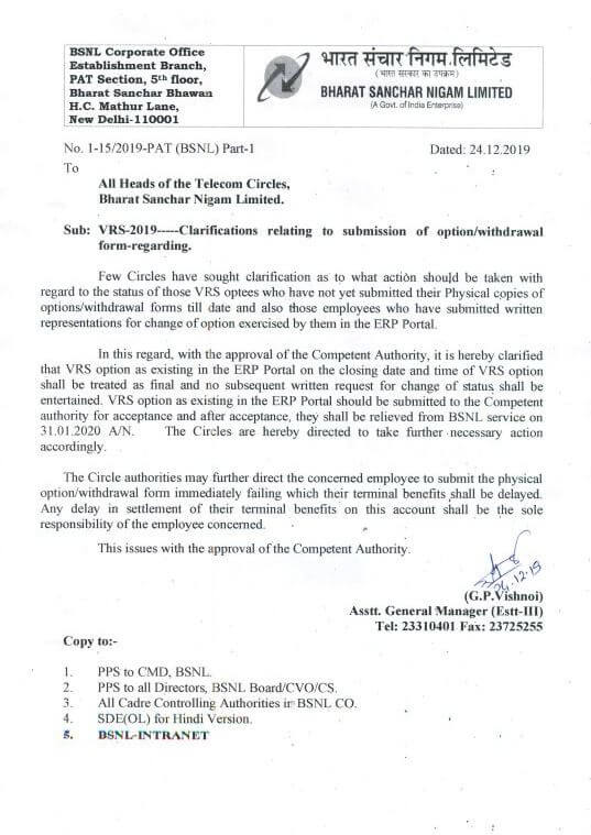 BSNL VRS – 2019 : Clarification on withdrawal of VRS option