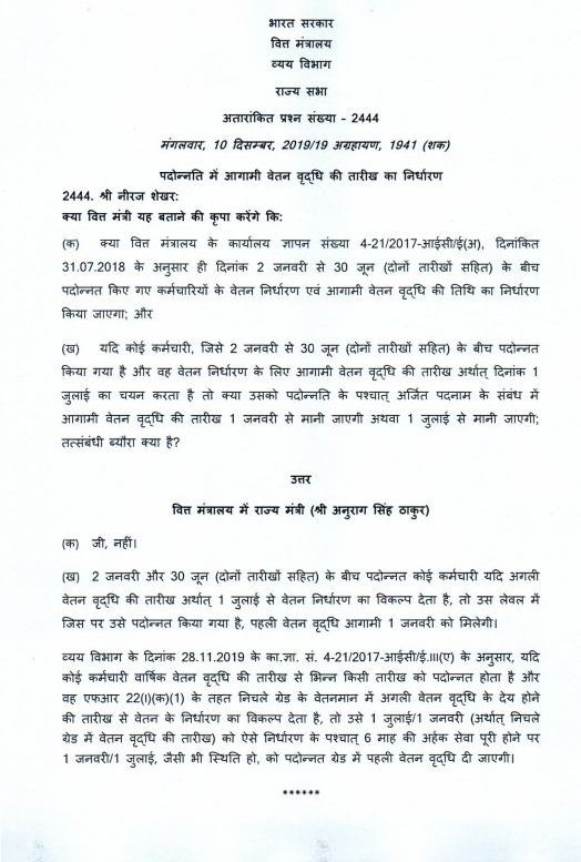 7th Pay Commission: Clarification on determination of date of next increment in promotion