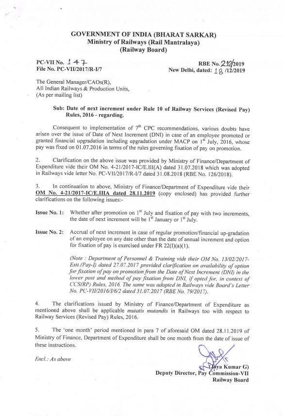 7th Pay Commission: DNI under Rule 10 of Railway Services (Revised Pay) Rules, 2016 – Opportunity to re-exercise the option