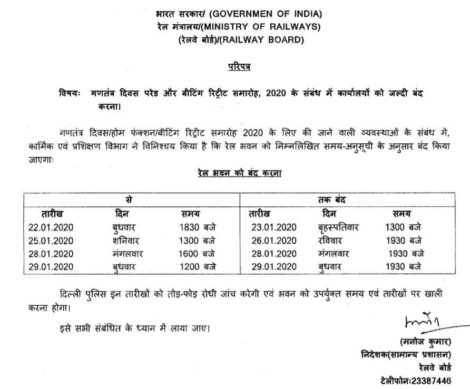Railway Board Circular : Early Closure of Offices in connection with Republic Day 2020