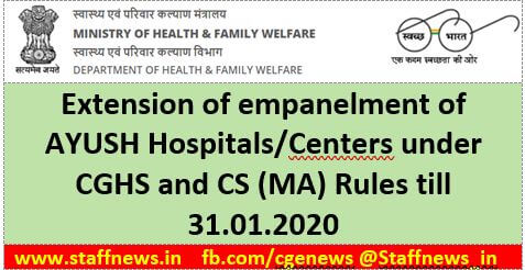Extension of empanelment of AYUSH Hospitals/Centers under CGHS and CS (MA) Rules