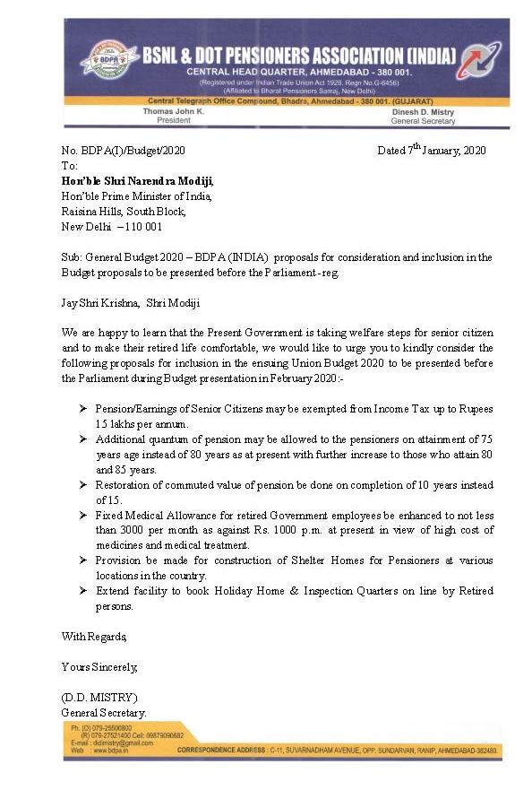 No Tax upto Rs.15 Lakh, Additional Pension from 70 Years, FMA Rs. 3,000, Shelter Homes for Pensioners and more in BDPA writes to PM Modi in view of General Budget 2020-21