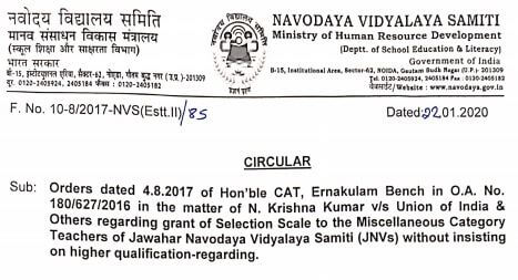 Grant of Selection Scale to the Teachers of JNVs without insisting on higher qualification