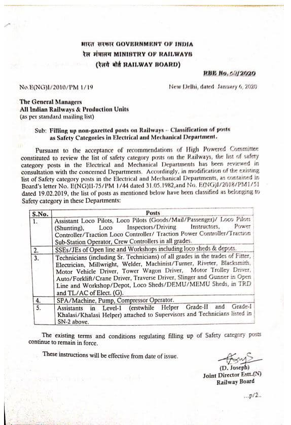 Filling up non-gazetted posts on Railways – Classification of posts as Safety Categories in Electrical and Mechanical Department