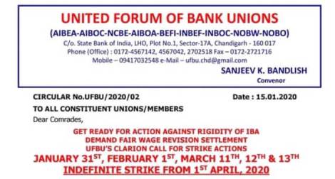 United Forum of Bank Unions Strike Notice for Jan 31st, Feb 1st – 2 Days, 11th to 13th March – 3 Days and Indefinite Strike from 01st April, 2020
